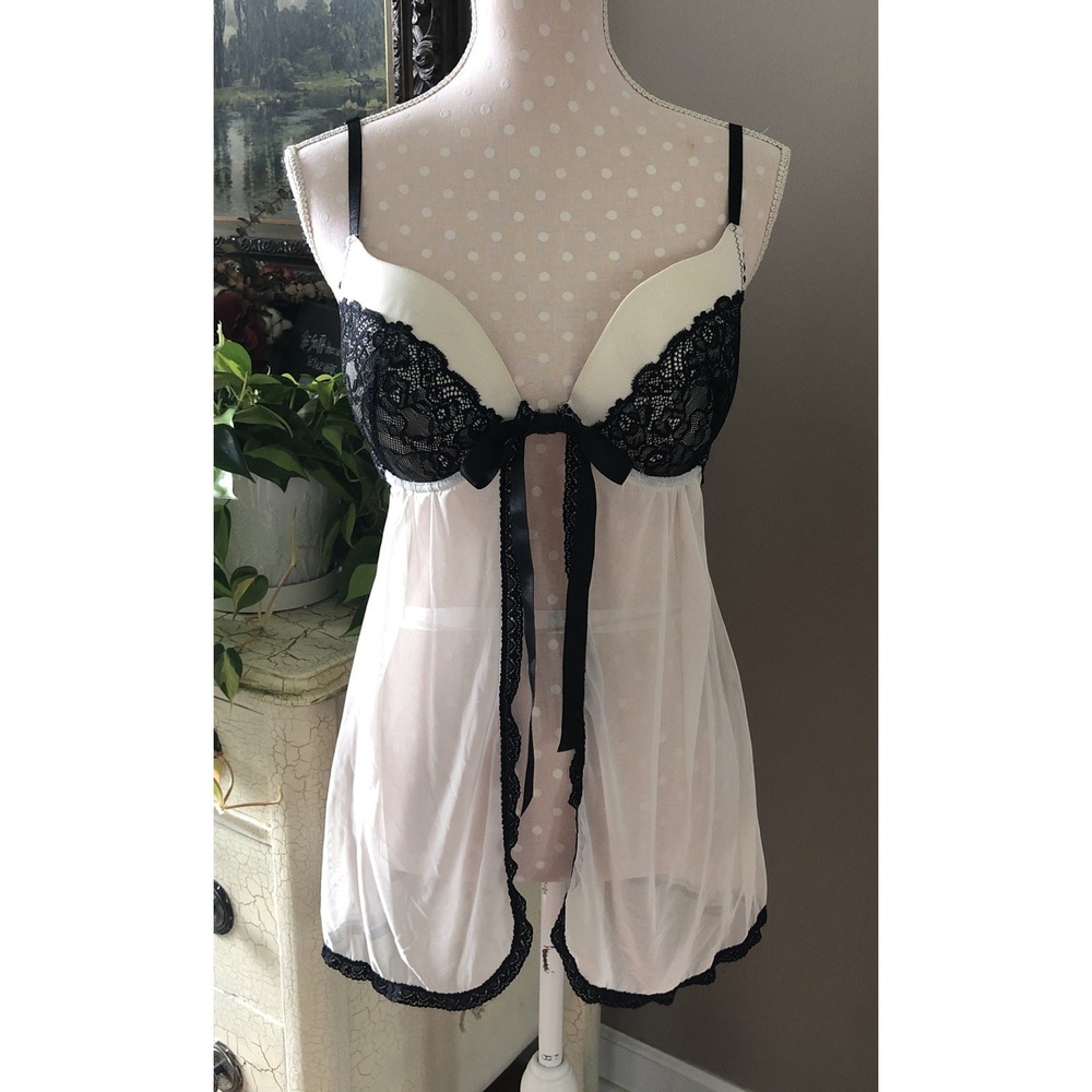 Babydoll Teddy Sexy Black Ivory Lace Sheer Padded Cup Dreamwear Lingerie Women L